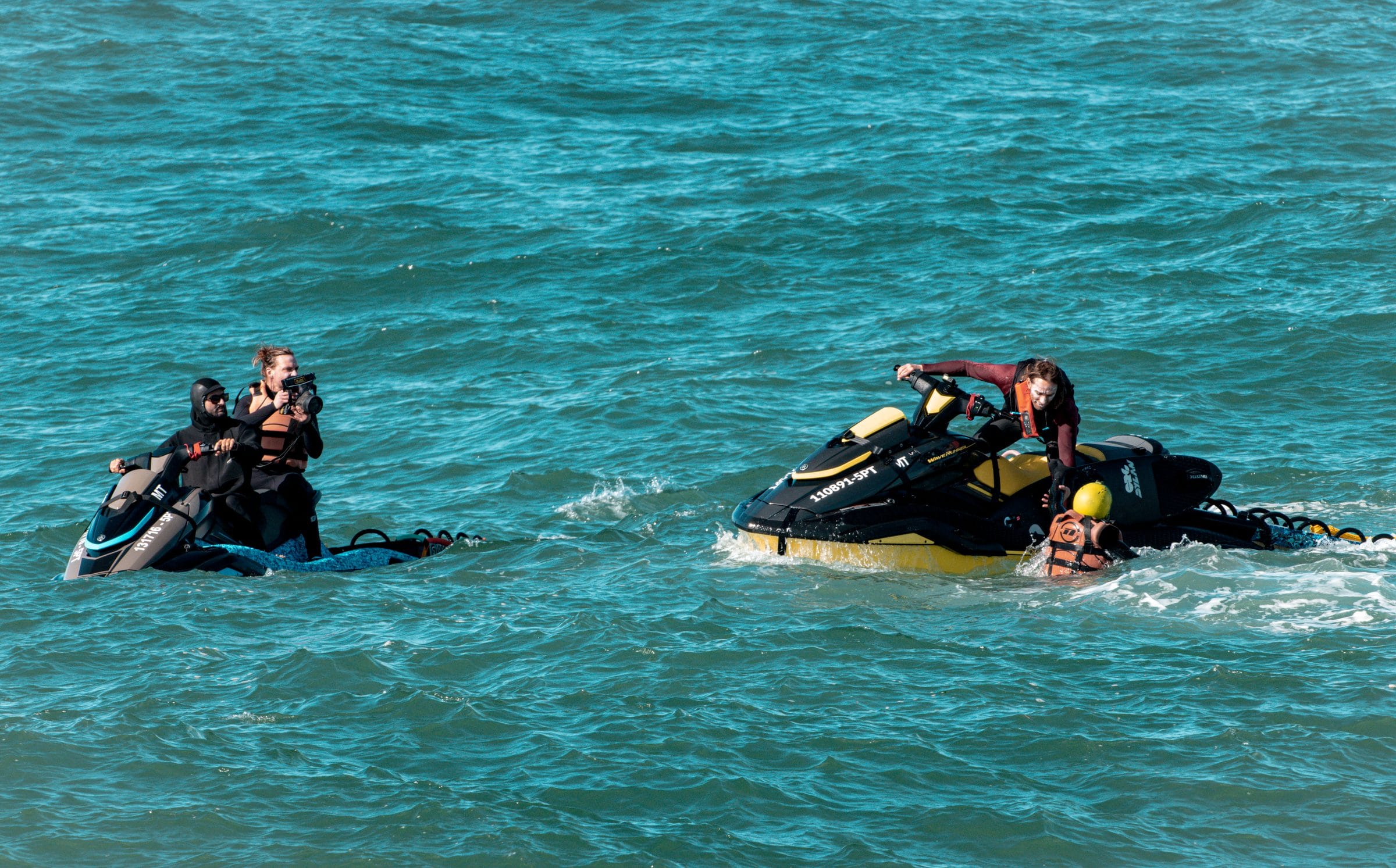 Galileo X-Plorer camera team filming the Big Wave Experience from a jet ski at Praia do Norte in Nazaré
