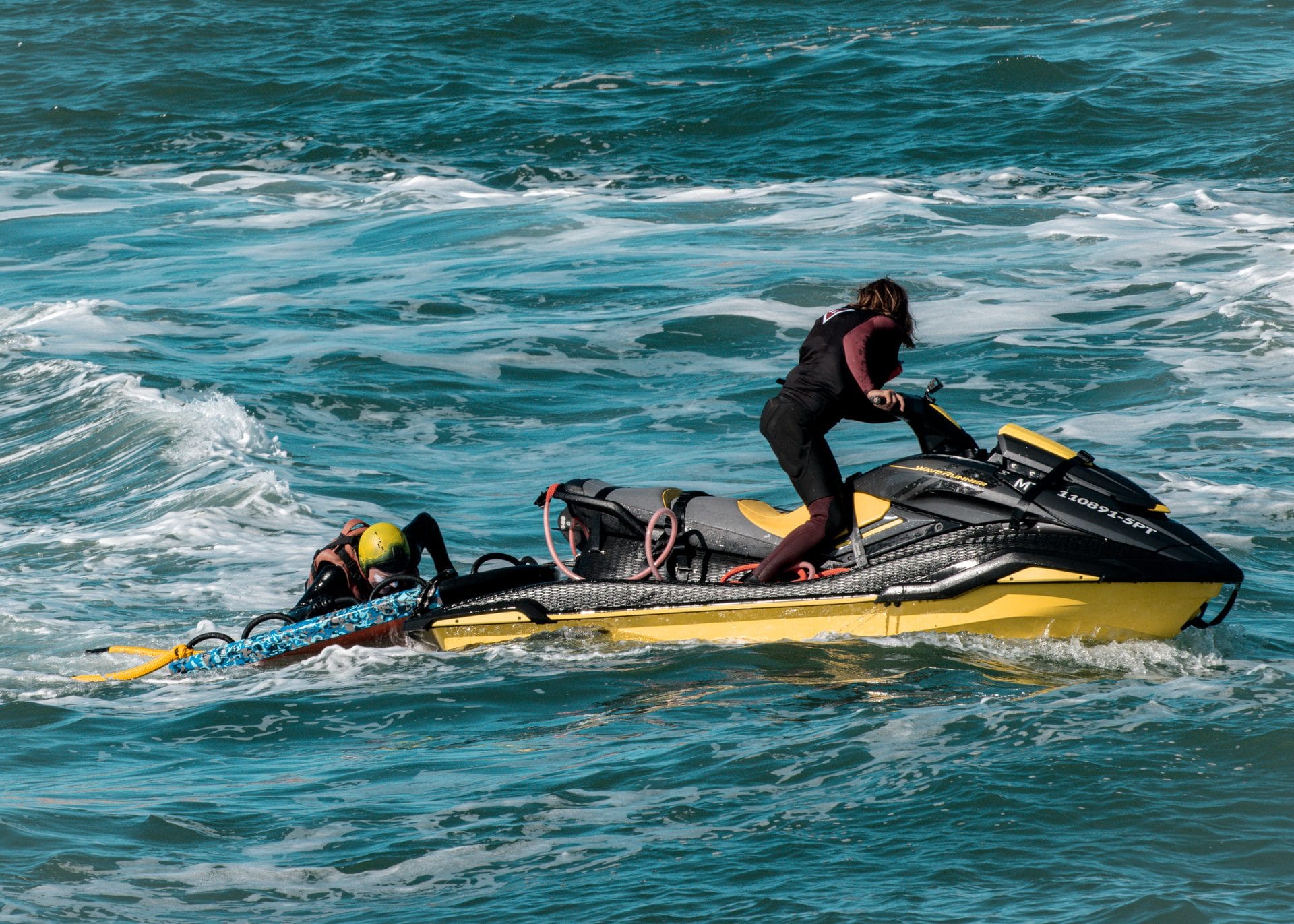 Rescue sled pick-up during the Galileo X-Plorer shoot at Nazaré with the Big Wave Experience team